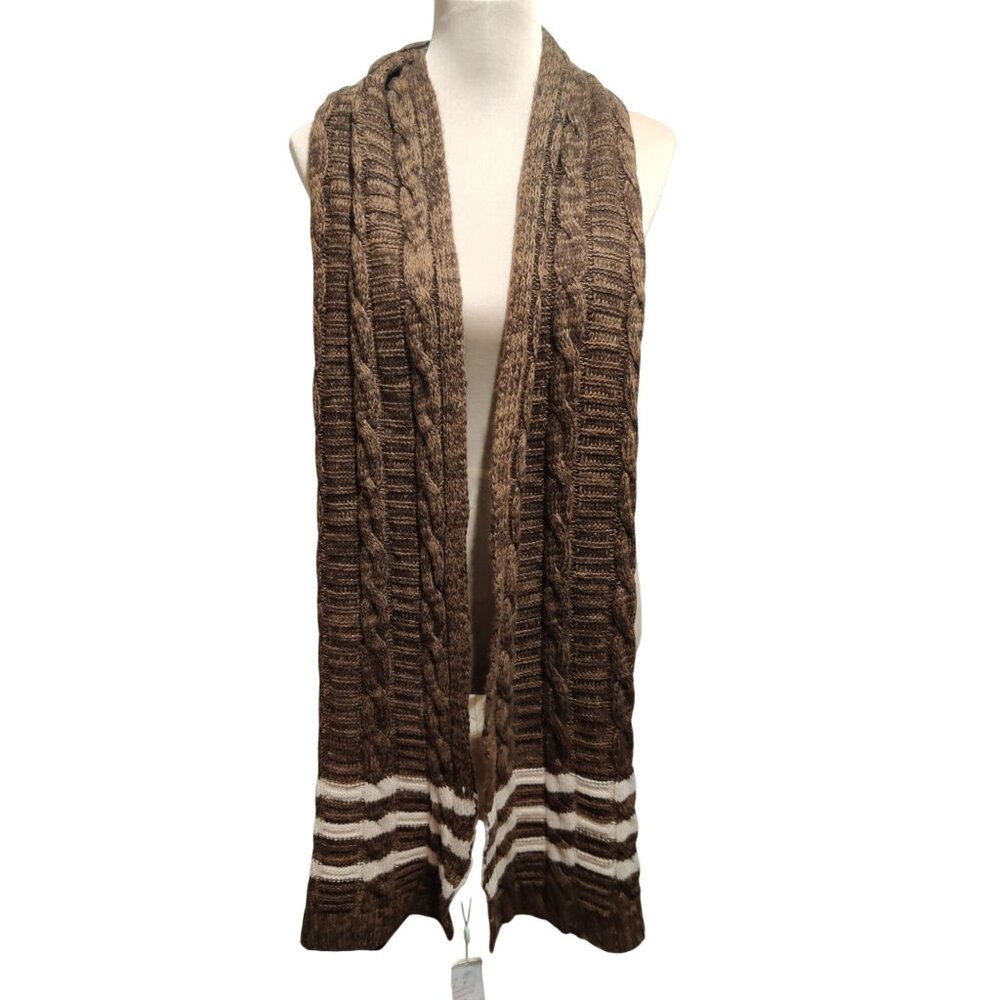 Brown Cable Knit Wool Cashmere Blend Scarf Cream Stripe New Winter Neutral Warm